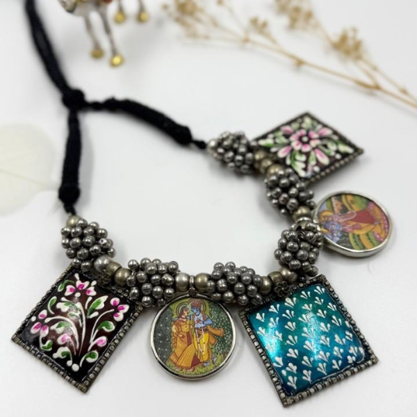Oxidized Silver Necklace with Hand-Painted Radha Krishna & Floral Enamel Charms