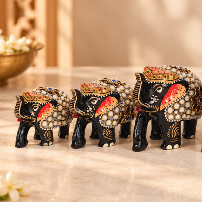 Rajasthani Decor White Moti Embedded Elephant Figures - Set of 4