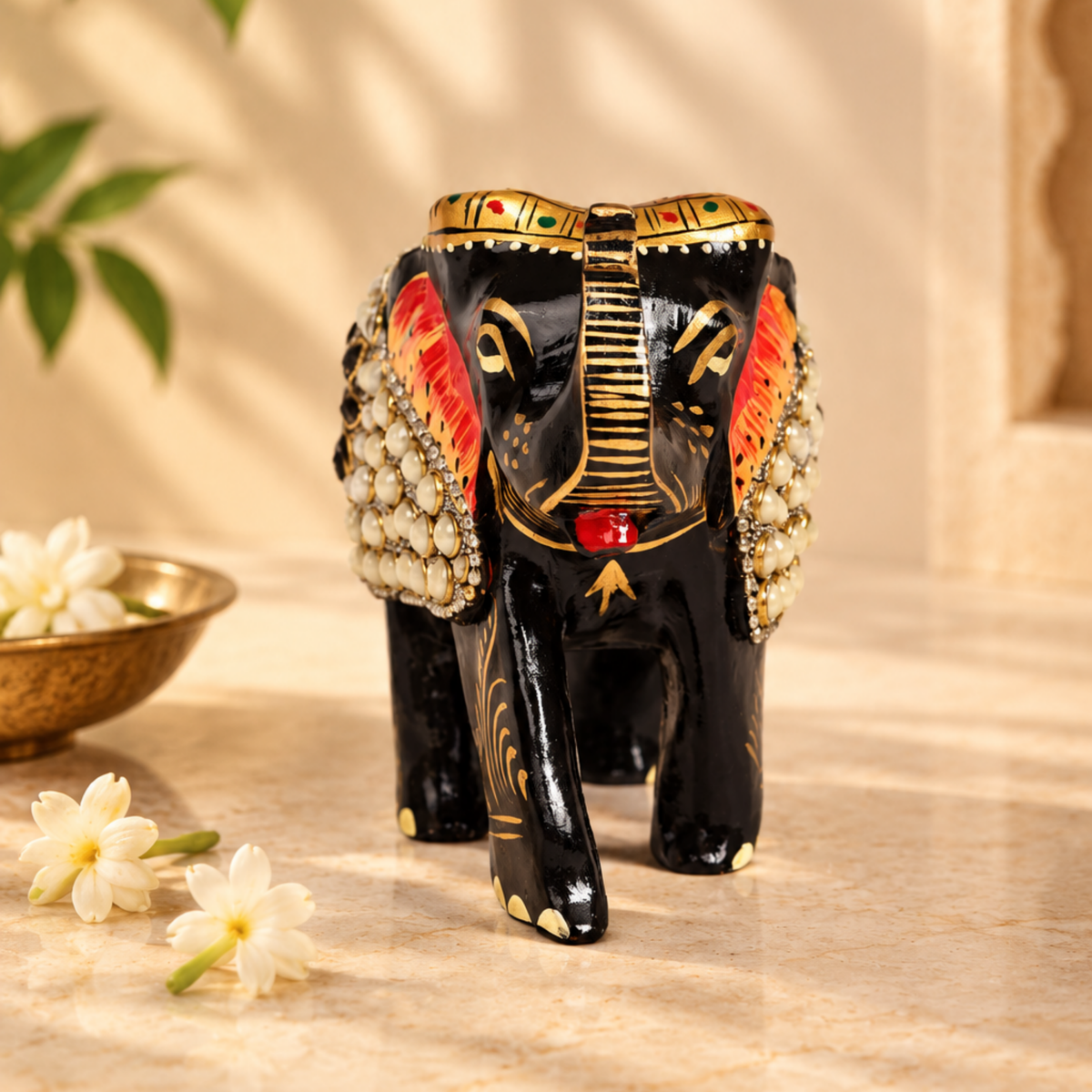 Rajasthani Decor White Moti Embedded Elephant Figures - Set of 4