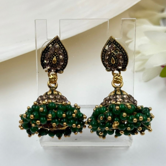 Emerald Green Beaded Jhumka Earrings