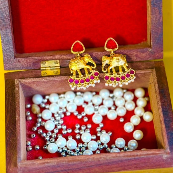 Antique Gold Elephant Motif Earrings with Ruby Stones & Pearl Drops