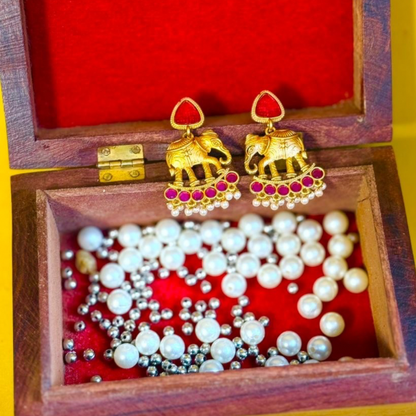 Antique Gold Elephant Motif Earrings with Ruby Stones & Pearl Drops