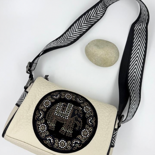 White Boho Sling Bag with Embroidered Elephant