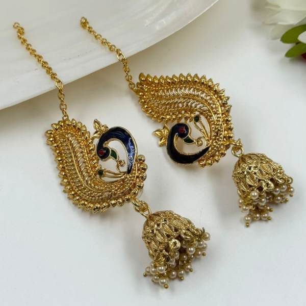 Meenakari Peacock Jhumkas with Matt Gold Chain Detail