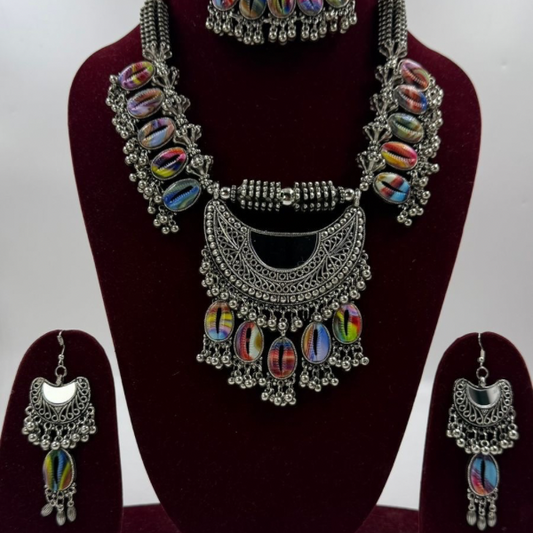 Bohemian Blooms Multi-Color Cowrie & Oxidized Silver Necklace Set