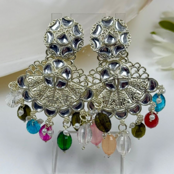 Silver-Plated Chandbali Earrings with Kunda Work & Multicolor Beaded Drops