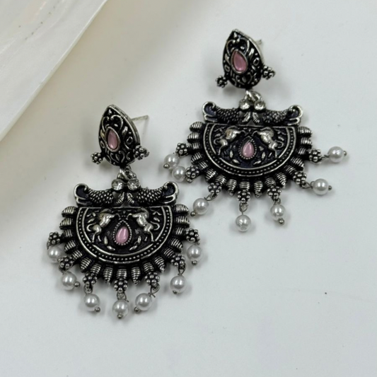 Oxidized Silver Jhumka Earrings with Pink Stone & Pearls