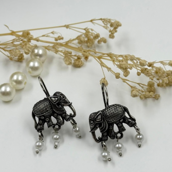 Simple Oxidized Elephant Earrings With Pearls