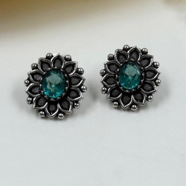 Oxidized Silver & Teal Stone Stud Earrings