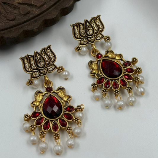 Ethereal Lotus Ruby & Pearl Earrings