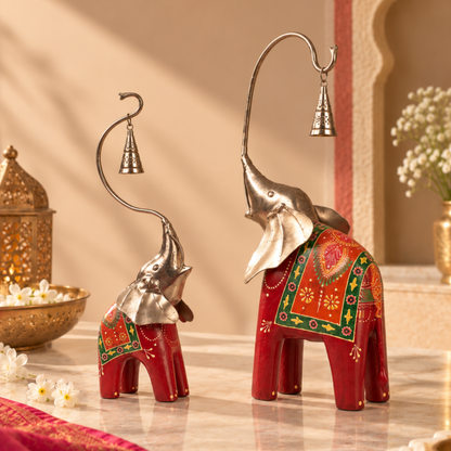 Handpainted Red Elephant Set with Bell for Home Entrance Door