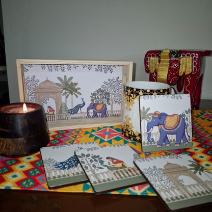 Indian Miniature Art Wooden Tray with Matching Coaster