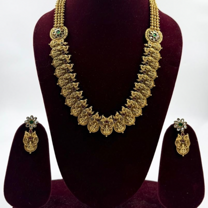 Traditional Lakshmi Temple Necklace Set with Kundan & Ruby Detailing