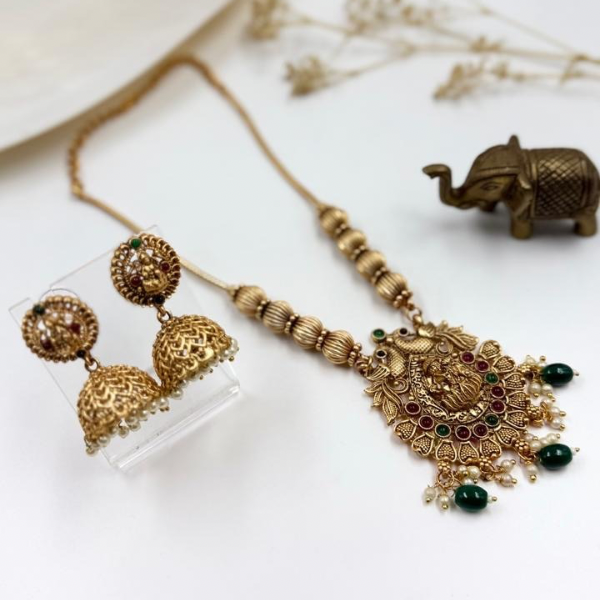 Golden Grace Temple Set – Antique Pendant Necklace with Green Beads & Jhumkas