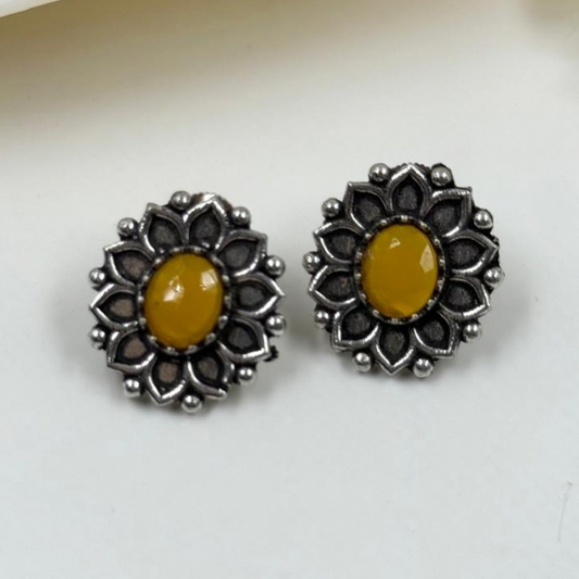Oxidized Silver-Plated Sunshine Yellow Stone Flower Studs