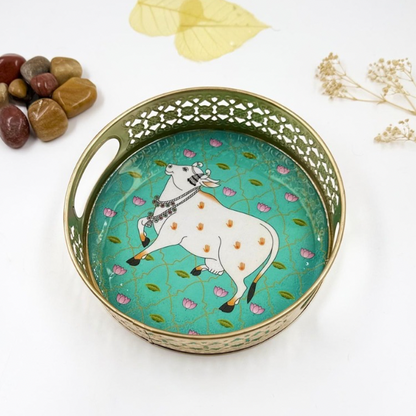 Lotus Serenity: Enchanting Turquoise Cow Tray Set