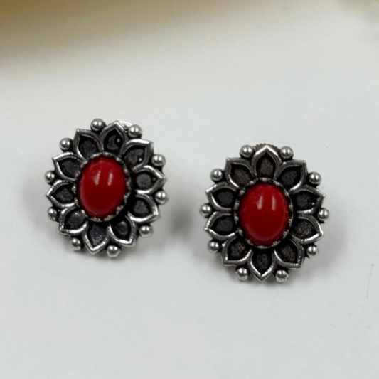 Oxidized Silver & Ruby Red Stone Stud Earrings