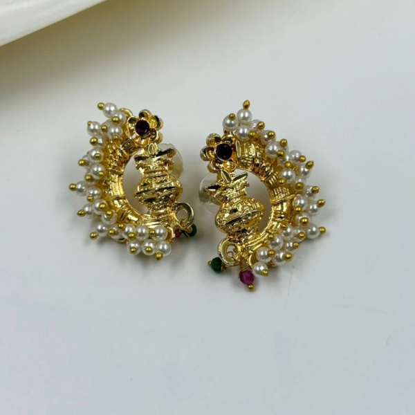 Gold-Toned Kalash Stud Earrings with Pearl Halo