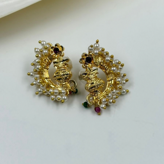 Gold-Toned Kalash Stud Earrings with Pearl Halo
