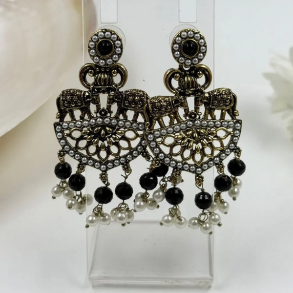 Antique Gold Toned Pearl & Black Stone Elephant Earrings