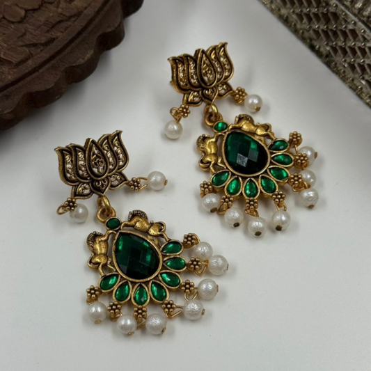 Gold Plated Lotus and Pearl Earrings with Emerald Green Stone