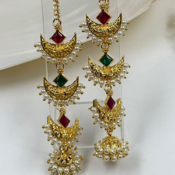 Stacked Chandbali Jhumkas: Ruby & Emerald Layered Drops with Chain