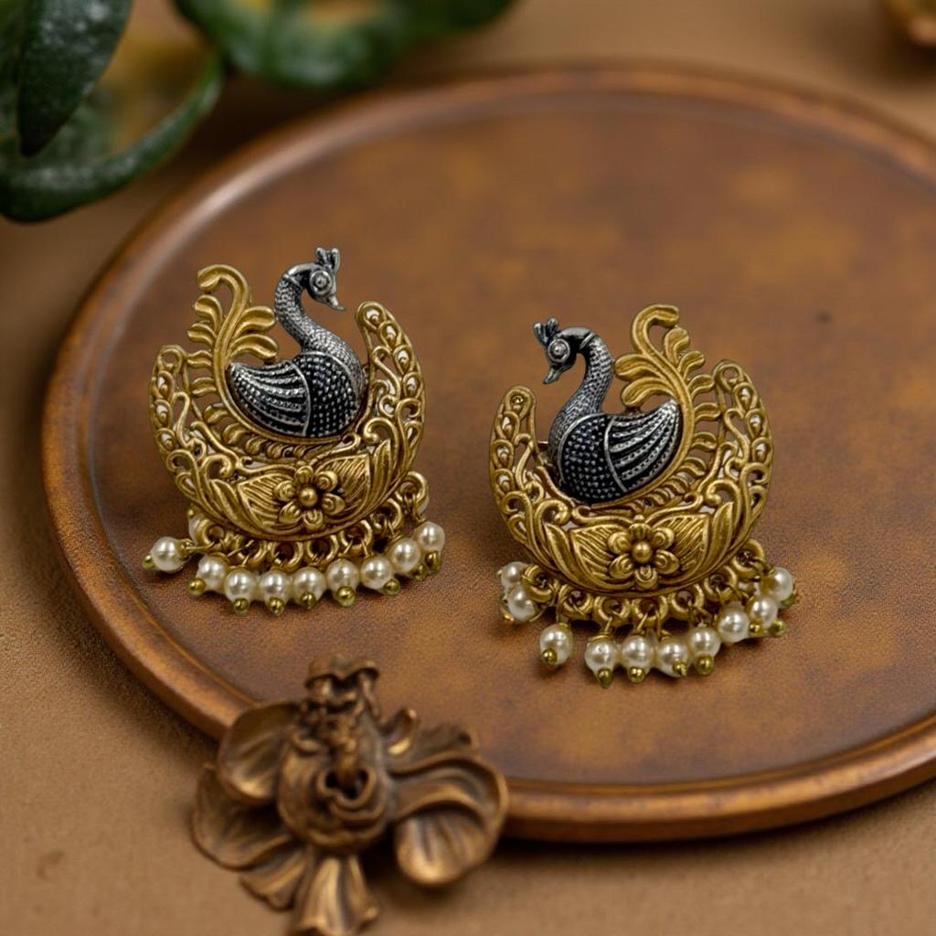 Dual Tone Peacock Blossom Earrings with Pearl Drops