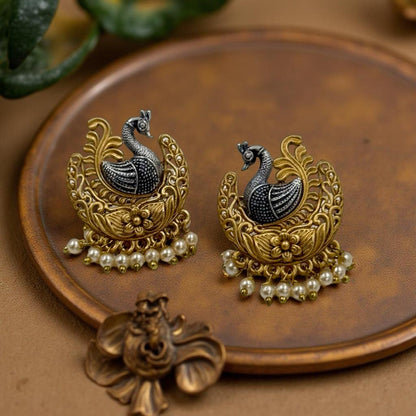 Dual Tone Peacock Blossom Earrings with Pearl Drops