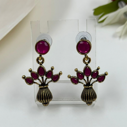 Antique Gold Pink Flower Vase Drop Earrings