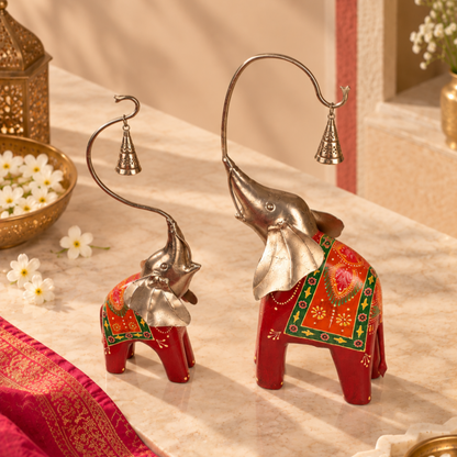Handpainted Red Elephant Set with Bell for Home Entrance Door