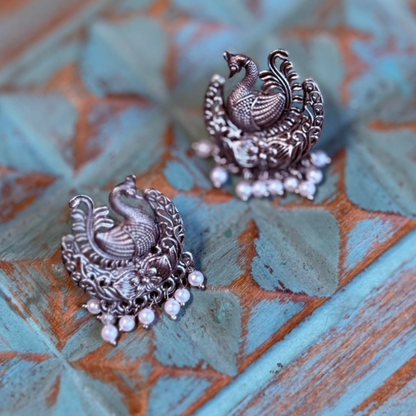 Regal Peacock Oxidized Stud Earrings