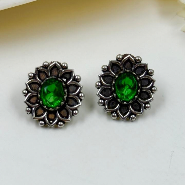 Oxidized Silver-Plated Emerald Green Stone Flower Studs