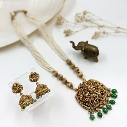Ethnic Pearl Strings Temple Set with Green beads