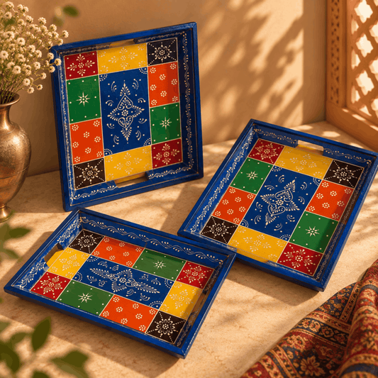 Wooden Handpainted Blue Colour Serving Tray Set of 3