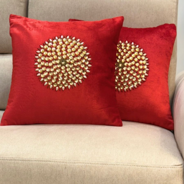 Glamour Red: Crystal-Embellished Velvet Cushion Covers