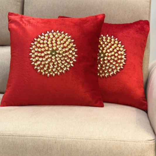 Glamour Red: Crystal-Embellished Velvet Cushion Covers