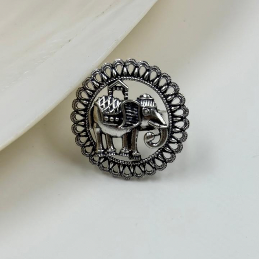 Regal Elephant Oxidised Silver Ring