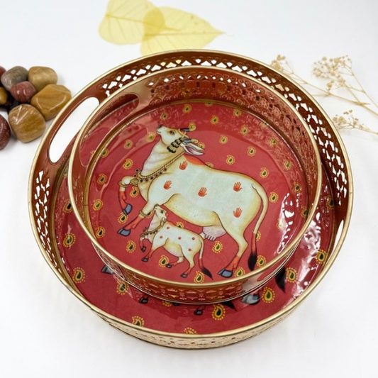 Red Elegance: Cow & Calf Tray Set