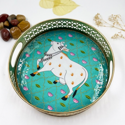 Lotus Serenity: Enchanting Turquoise Cow Tray Set