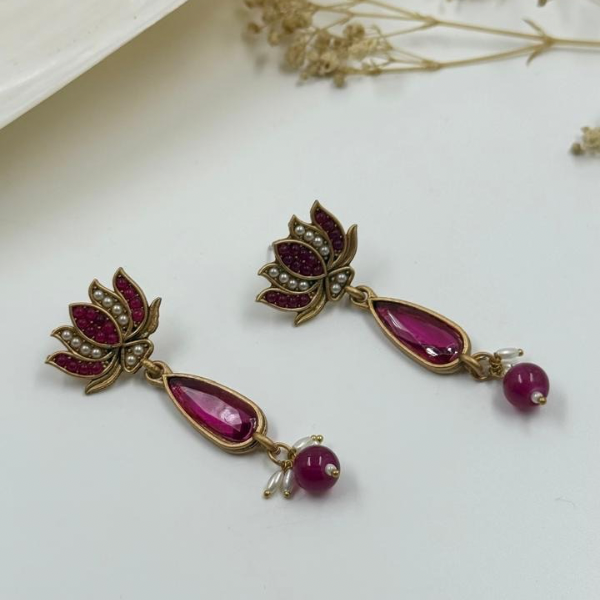 Boho Bloom Lotus Earrings – Ruby Stones with a Vintage Soul