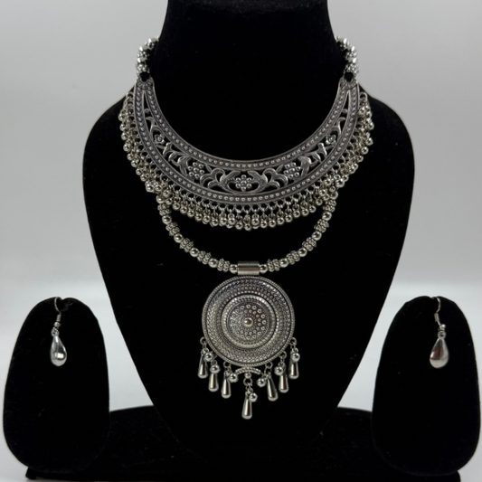 Boho Tribal Oxidised Silver Necklace Set