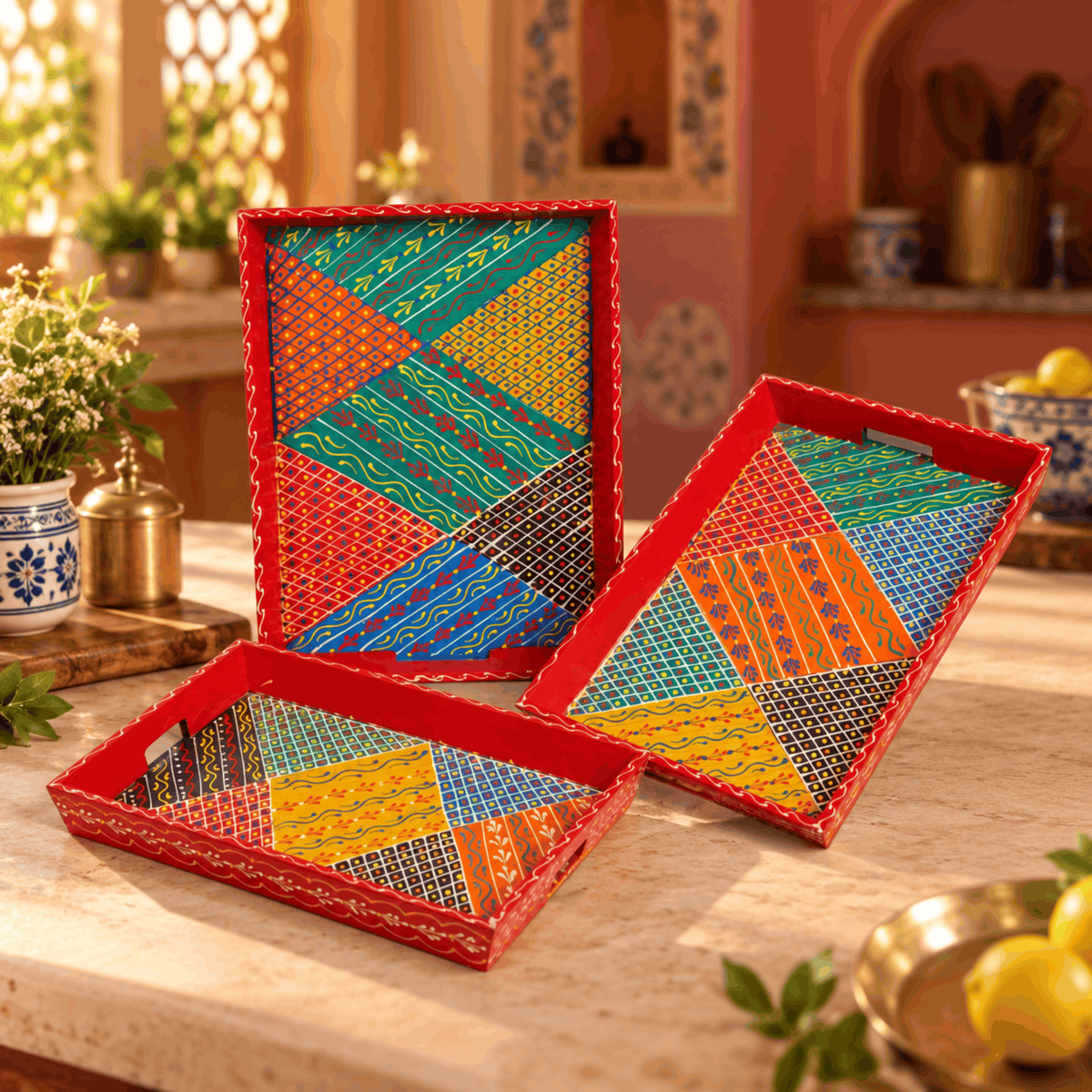 Wooden Handpainted Red Colour Serving Tray Set of 3
