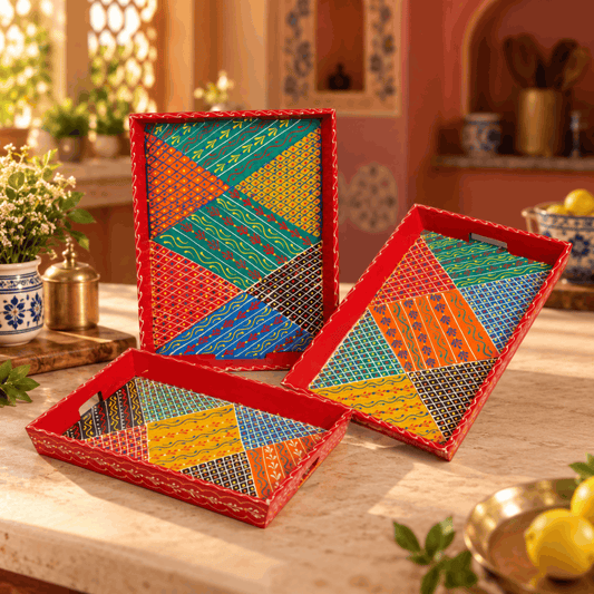 Wooden Handpainted Red Colour Serving Tray Set of 3