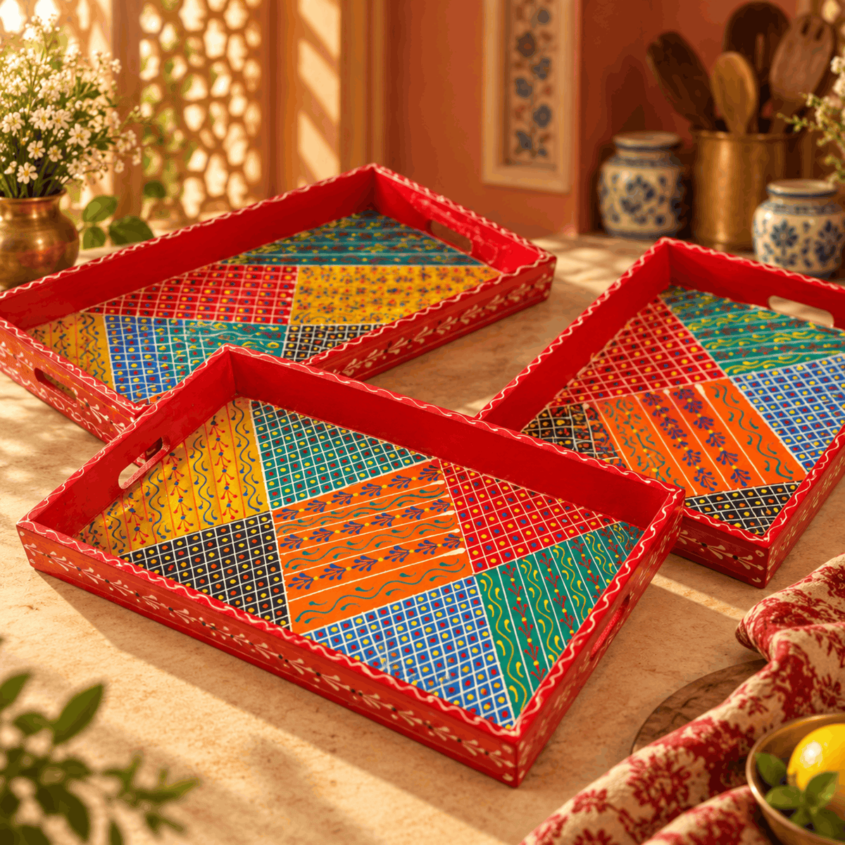 Wooden Handpainted Red Colour Serving Tray Set of 3