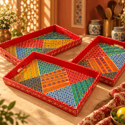 Wooden Handpainted Red Colour Serving Tray Set of 3