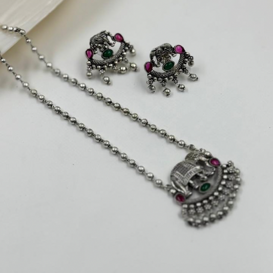 Oxidized Elephant Pendant Necklace Set