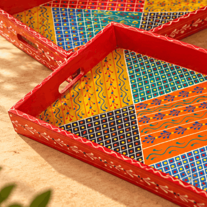 Wooden Handpainted Red Colour Serving Tray Set of 3