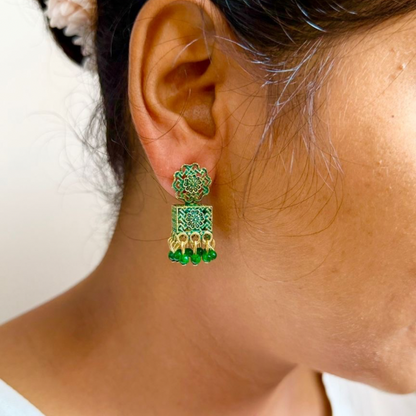 Boho Glam Green Jhumka Earrings
