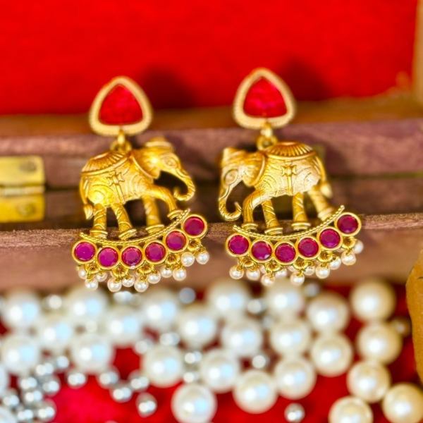 Antique Gold Elephant Motif Earrings with Ruby Stones & Pearl Drops