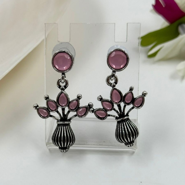 Blush Pink Stone Vase Drop Earrings Oxidized Silver